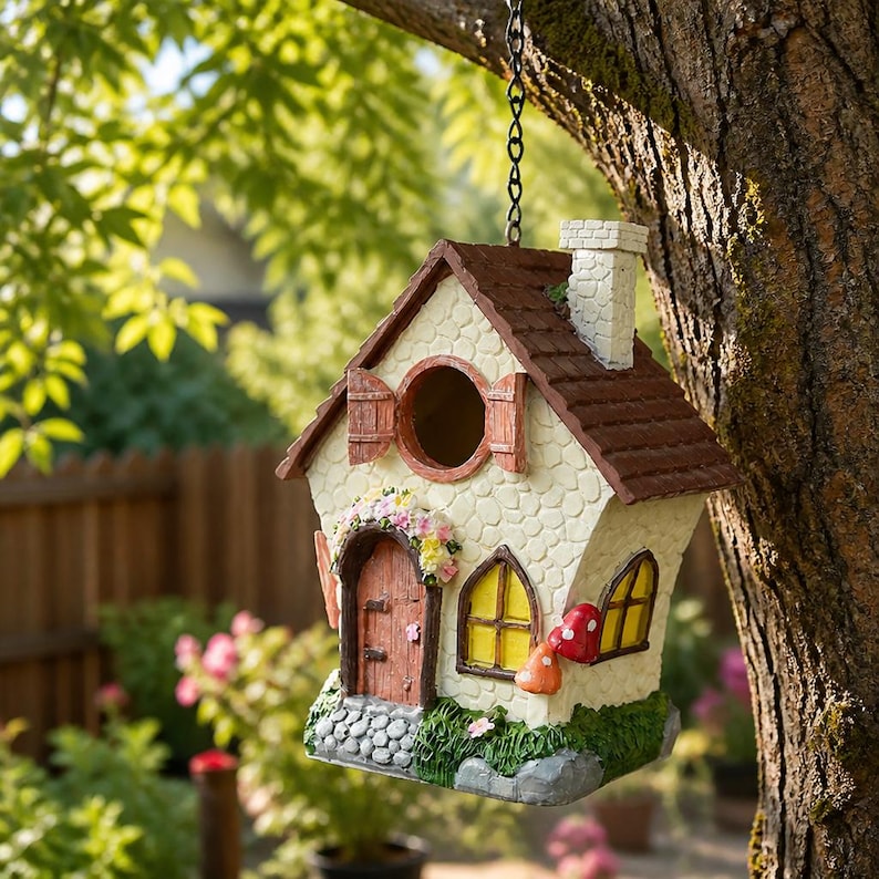 Handbemaltes Pilzhaus-Vogelhaus – Witterungsbeständiges Gießharz, 26cm, für kleine Gartenvögel