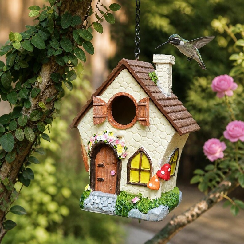 Handbemaltes Pilzhaus-Vogelhaus – Witterungsbeständiges Gießharz, 26cm, für kleine Gartenvögel