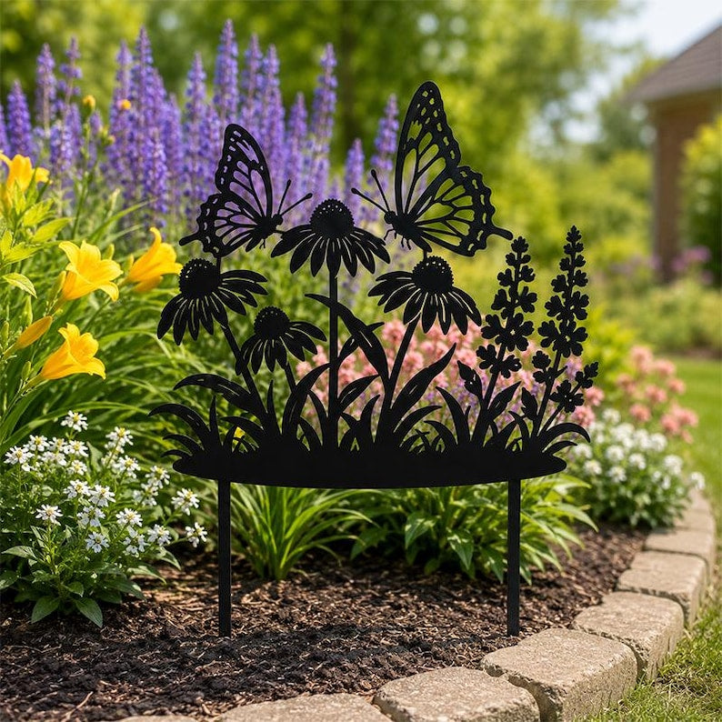 Metall Gartenstecker Schmetterling Wildblumen, Outdoor Metall Yard Art, Schmetterling Blumen Dekor, 50cm