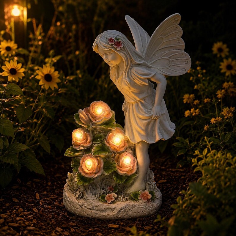 Solar Fee Gartenstatue mit Rosenlichtern, Outdoor Engel Figur Yard Decor, Schmetterlingsfee, 32,5 cm