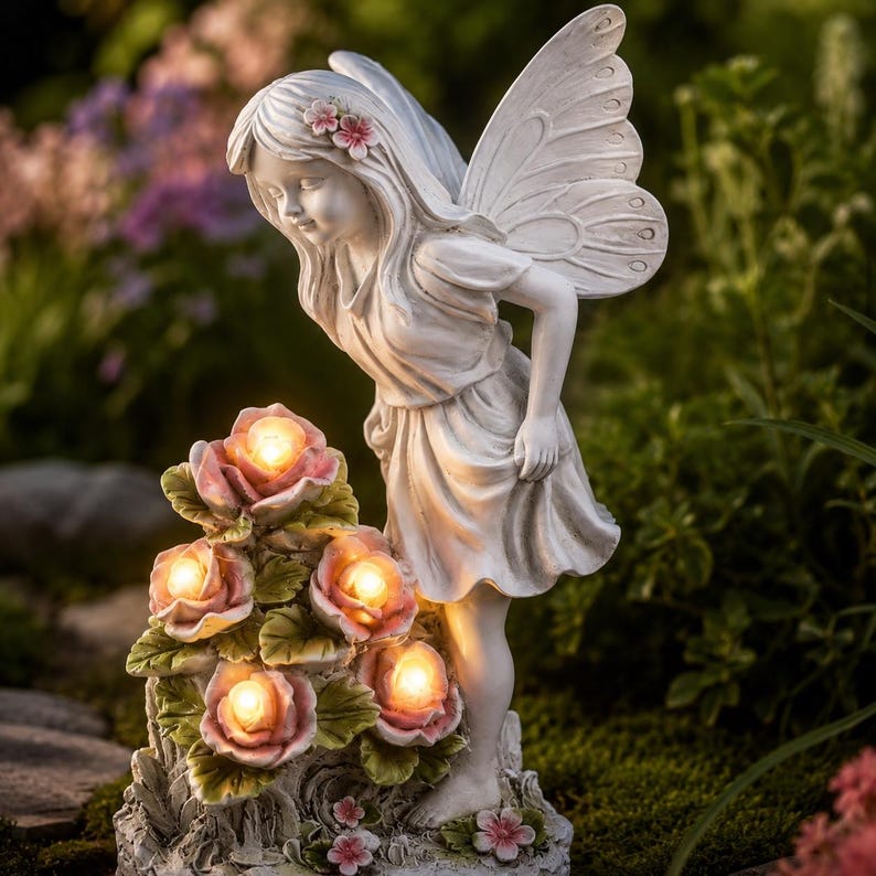 Solar Fee Gartenstatue mit Rosenlichtern, Outdoor Engel Figur Yard Decor, Schmetterlingsfee, 32,5 cm