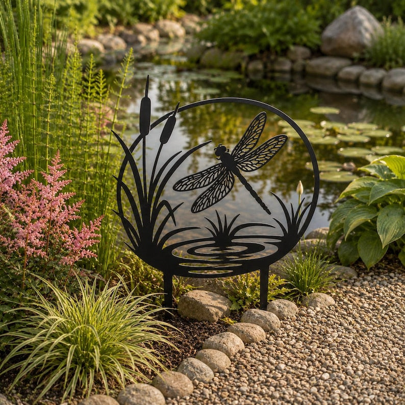 Libelle Metall Gartenstecker Rohrkolben Rasenstecker Schwarz Teichlandschaft