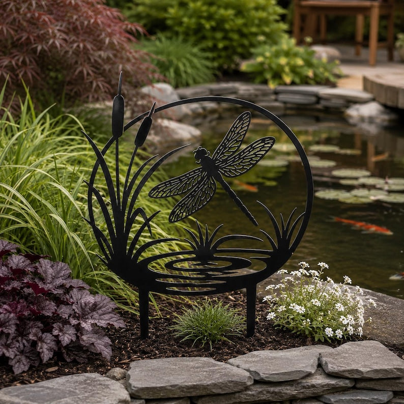 Libelle Metall Gartenstecker Rohrkolben Rasenstecker Schwarz Teichlandschaft