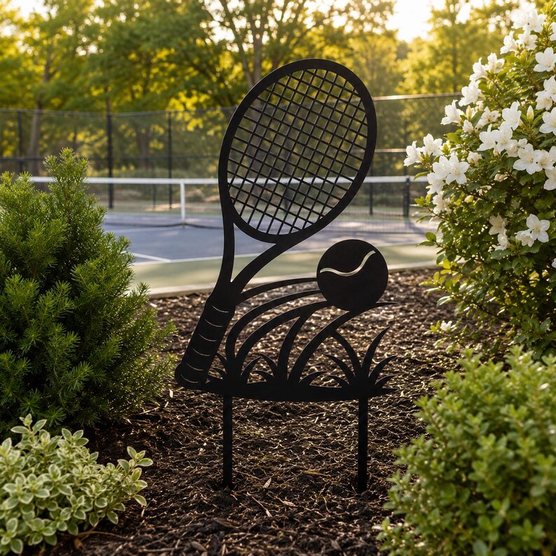 Tennisschläger Gartenpfahl, schwarzes Metall, Yard Art für Blumenbeete und Rasen, Tennisdekor