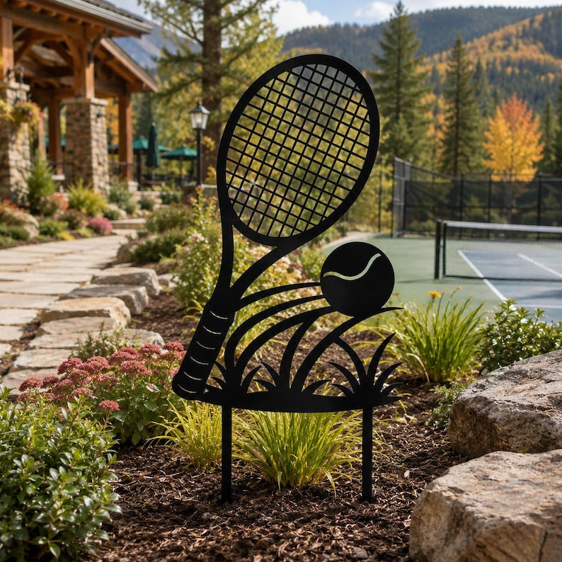 Tennisschläger Gartenpfahl, schwarzes Metall, Yard Art für Blumenbeete und Rasen, Tennisdekor