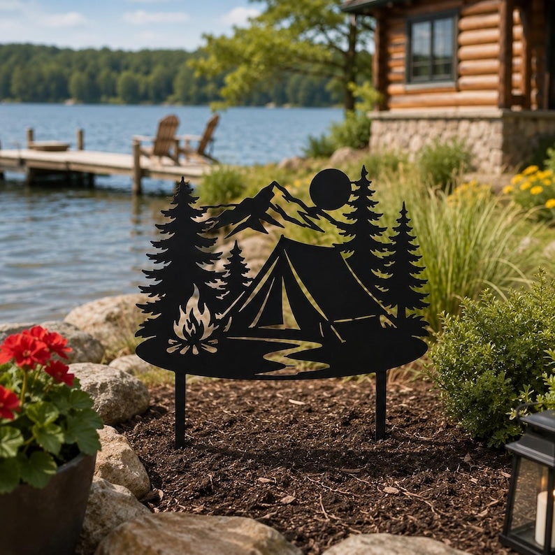 Camping Szene Gartenpfahl, Bergzelt Hof Kunst, rustikale Hütte Rasen Dekor, Outdoor Abenteuer Geschenk