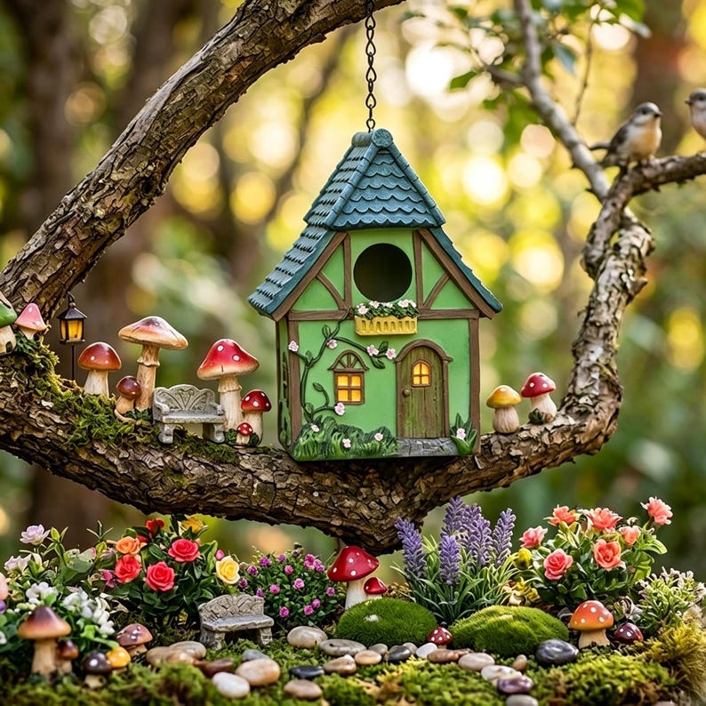 Hängendes Vogelhaus, handgemaltes Wildvogelfutterhaus aus Polyresin, Tudor Cottage Design, wetterfest für Außenbereiche