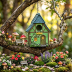 Hängendes Vogelhaus, handgemaltes Wildvogelfutterhaus aus Polyresin, Tudor Cottage Design, wetterfest für Außenbereiche