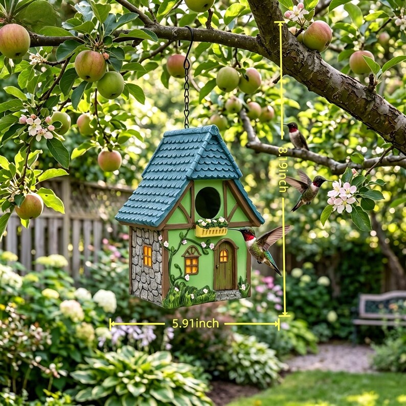 Hängendes Vogelhaus, handgemaltes Wildvogelfutterhaus aus Polyresin, Tudor Cottage Design, wetterfest für Außenbereiche