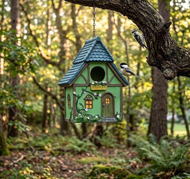 Hängendes Vogelhaus, handgemaltes Wildvogelfutterhaus aus Polyresin, Tudor Cottage Design, wetterfest für Außenbereiche