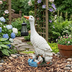 Solarbetriebene Gänse-Gartenfigur mit Laterne, 37 cm, beleuchtete Entenfamilien-Skulptur für Außenbereich, Landhaus-Gartendekoration