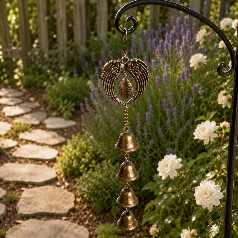 Vintage Bronze Flügel Glocke Windspiel Hängen Dekor, rustikale Metall Garten Glocke Ornament, Boho Porch Balkon Outdoor Geschenk
