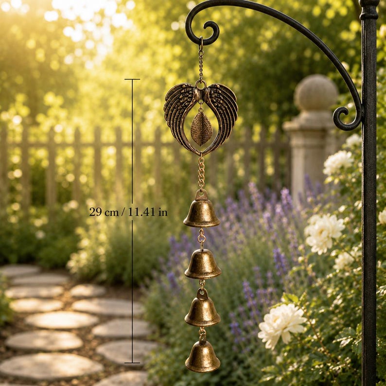 Vintage Bronze Flügel Glocke Windspiel Hängen Dekor, rustikale Metall Garten Glocke Ornament, Boho Porch Balkon Outdoor Geschenk