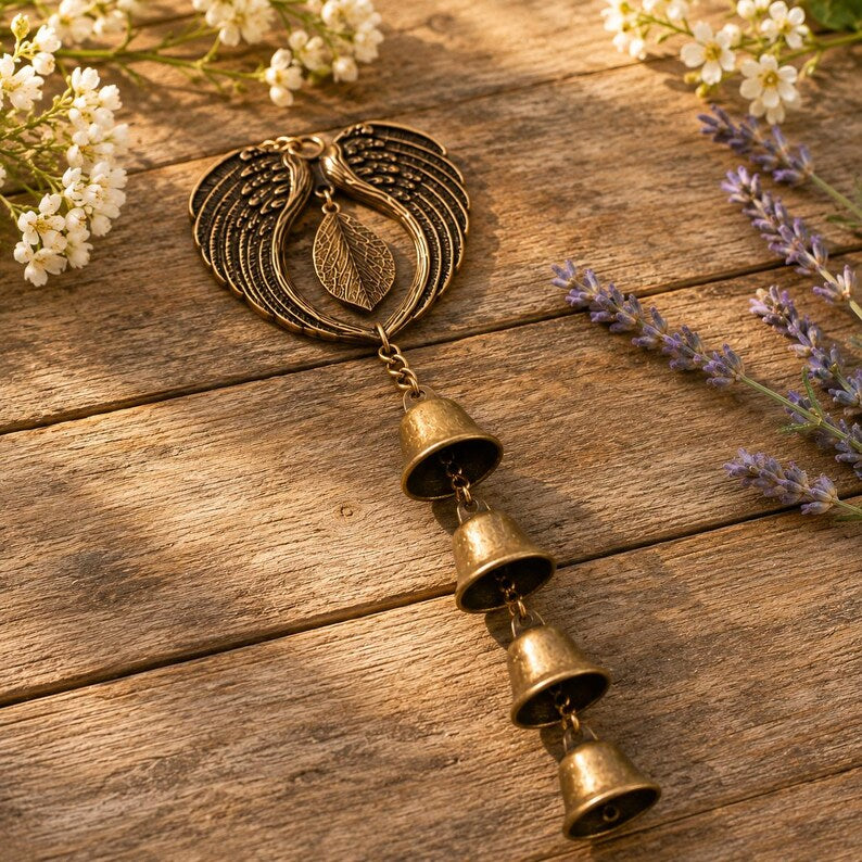 Vintage Bronze Flügel Glocke Windspiel Hängen Dekor, rustikale Metall Garten Glocke Ornament, Boho Porch Balkon Outdoor Geschenk