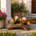 Solar Powered Garden Gnome Log Bridge Statue with LED Mushroom Lights, 9.6 in x 6.2 in, Resin, for Outdoor Yard Decor