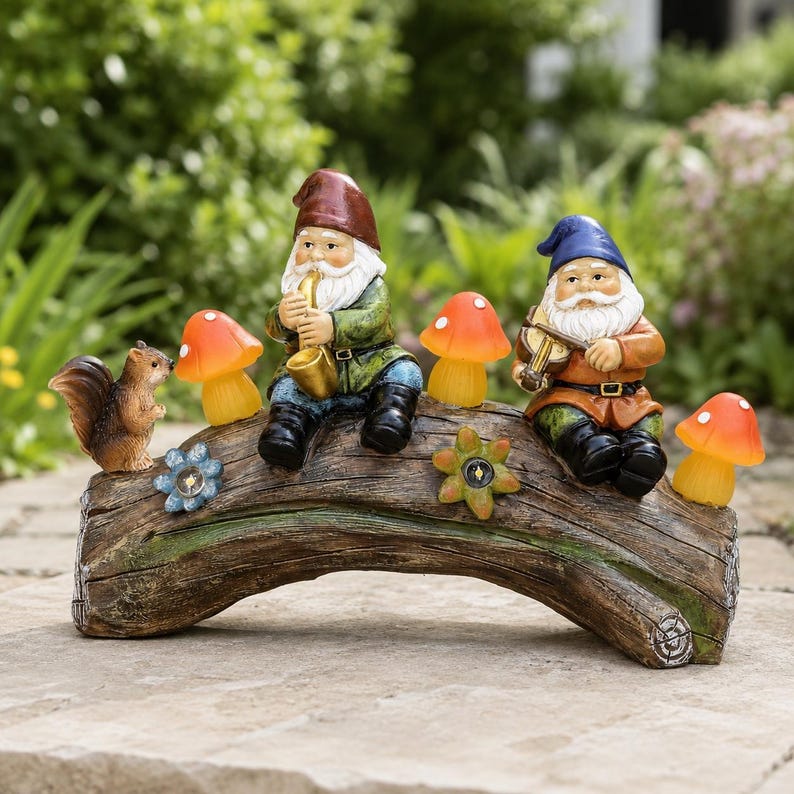 Solar Powered Garden Gnome Log Bridge Statue with LED Mushroom Lights, 9.6 in x 6.2 in, Resin, for Outdoor Yard Decor
