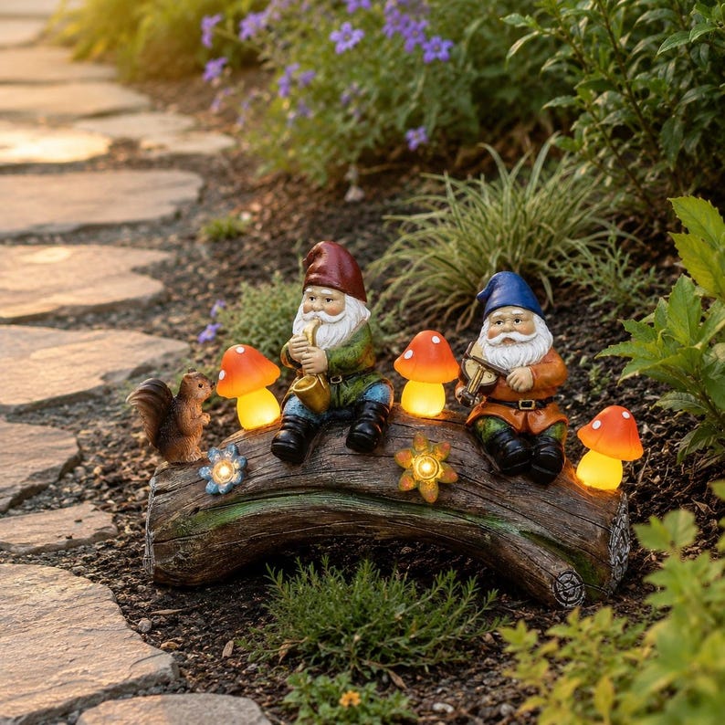 Solar Powered Garden Gnome Log Bridge Statue with LED Mushroom Lights, 9.6 in x 6.2 in, Resin, for Outdoor Yard Decor