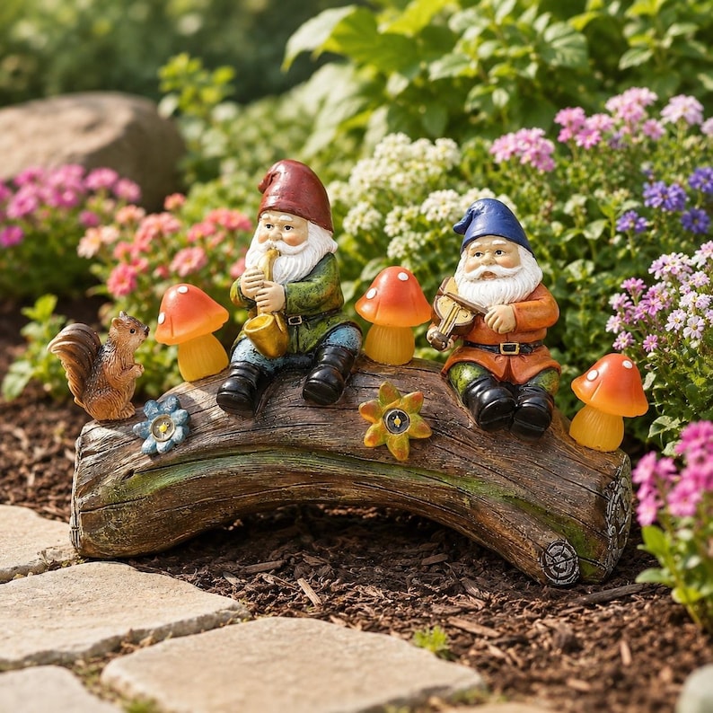 Solar Powered Garden Gnome Log Bridge Statue with LED Mushroom Lights, 9.6 in x 6.2 in, Resin, for Outdoor Yard Decor