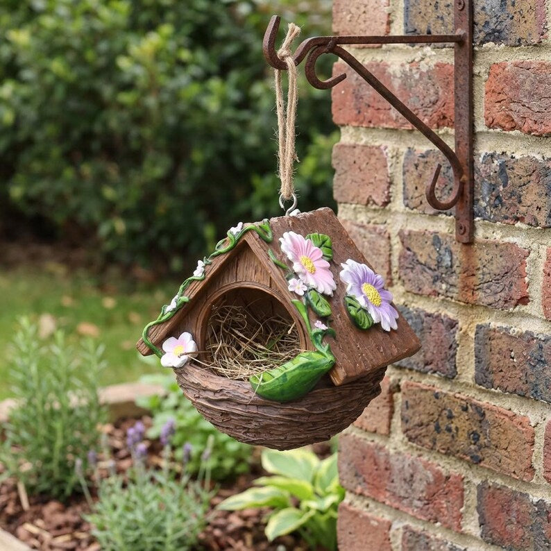 Harz-Vogelhaus mit Blumenverzierungen, hängendes Gartenvogelhaus, Außendekoration 12,6 cm