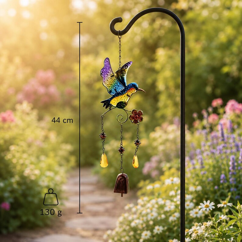Kolibri-Windspiel, handbemaltes Glas, Kupferglocke, Gartendekoration, 44 cm