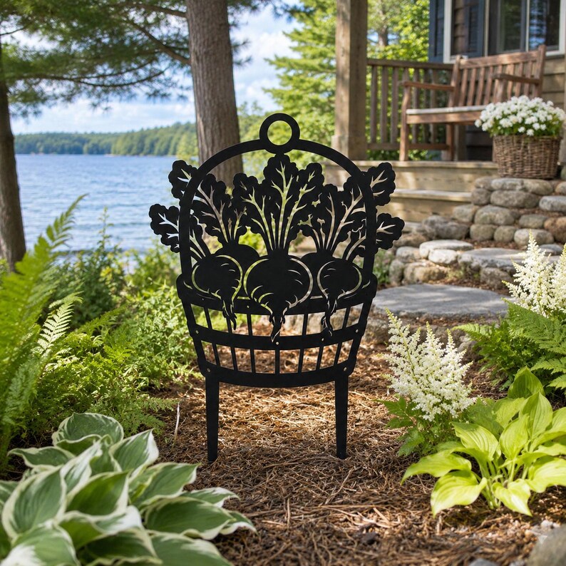 Rübenkorb Gartenstecker, schwarzes Silhouette-Design, Metall, für Gemüsegarten, Blumenbeet, Gartendekor