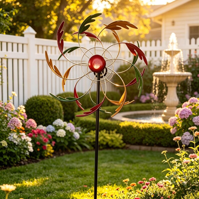 3-Ton Feder Windmühle, Dual Rotating Multicolor Leaf Kinetic Wind Spinner, wetterfeste große Outdoor-Garten-Kunst