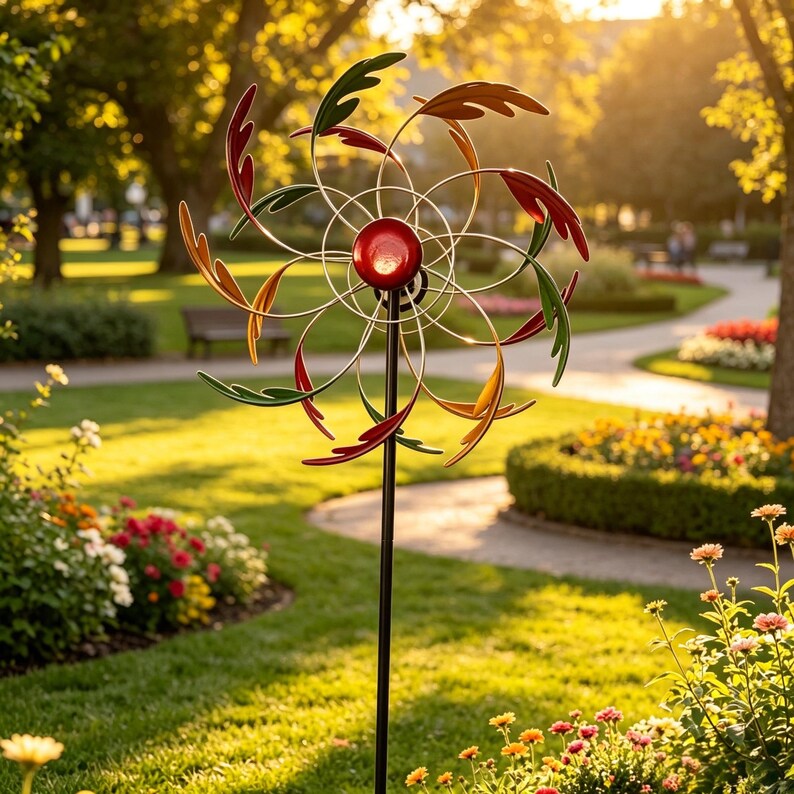 3-Ton Feder Windmühle, Dual Rotating Multicolor Leaf Kinetic Wind Spinner, wetterfeste große Outdoor-Garten-Kunst