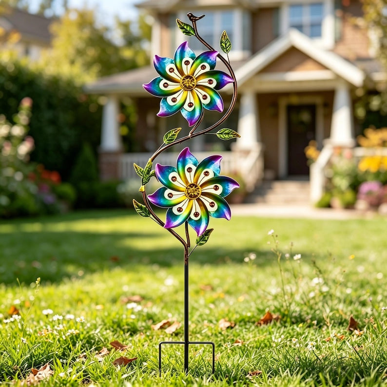 43 Inch Dual Rotating Metal Wind Spinner with Rainbow Flowers, Birds, and Yard Stake, Weatherproof Outdoor Garden Decor for Lawn, Patio, or Flower Bed, Multicolor
