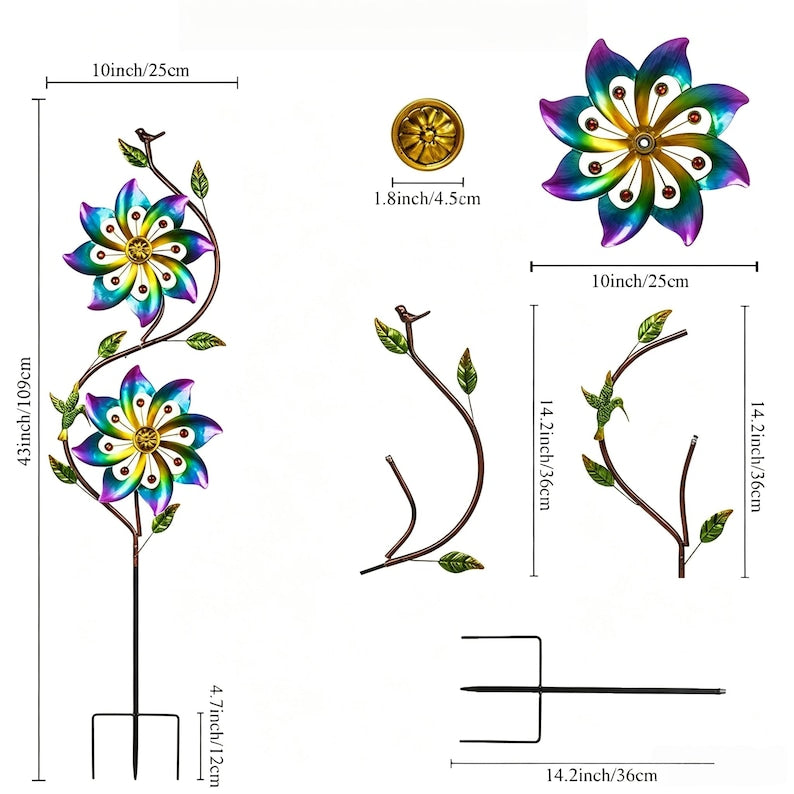 43 Inch Dual Rotating Metal Wind Spinner with Rainbow Flowers, Birds, and Yard Stake, Weatherproof Outdoor Garden Decor for Lawn, Patio, or Flower Bed, Multicolor