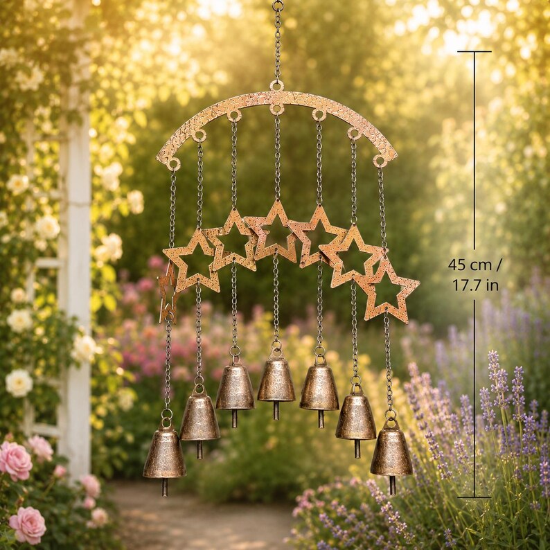 Großes Rustikales Windspiel mit Bronzeglocken, Sternausschnitt, für Garten Terrasse Balkon