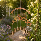Großes Rustikales Windspiel mit Bronzeglocken, Sternausschnitt, für Garten Terrasse Balkon