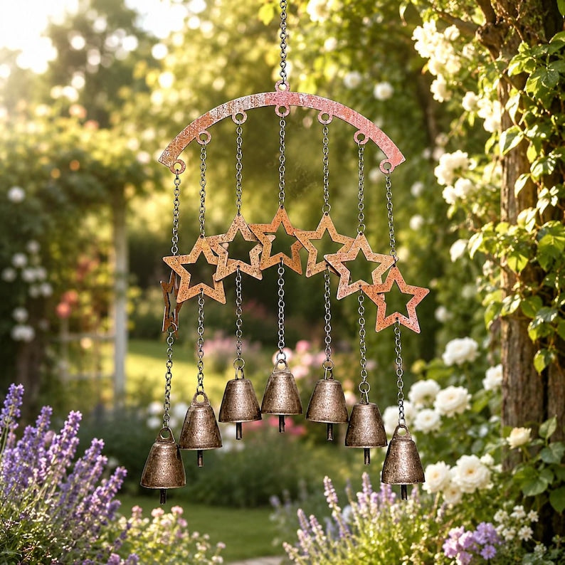 Großes Rustikales Windspiel mit Bronzeglocken, Sternausschnitt, für Garten Terrasse Balkon