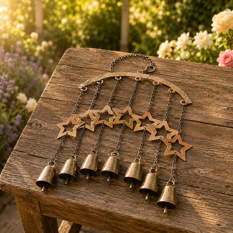 Großes Rustikales Windspiel mit Bronzeglocken, Sternausschnitt, für Garten Terrasse Balkon