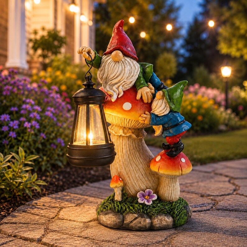 Solar Zwerg Pilz Laterne Statue für Garten, 27,5 cm, Kunstharz, Außendekoration