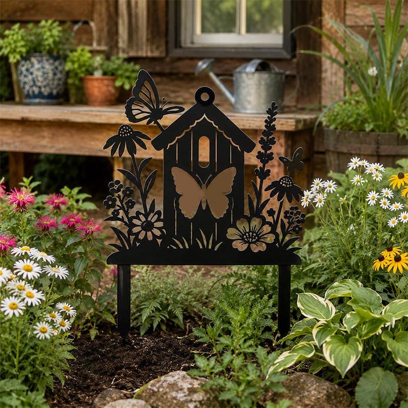 Metall Gartenstecker Vogelhaus mit Schmetterlingen und Wildblumen, Cottage Garden Dekoration, Frühlingsgarten Outdoor Kunst