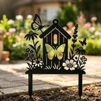 Metall Gartenstecker Vogelhaus mit Schmetterlingen und Wildblumen, Cottage Garden Dekoration, Frühlingsgarten Outdoor Kunst