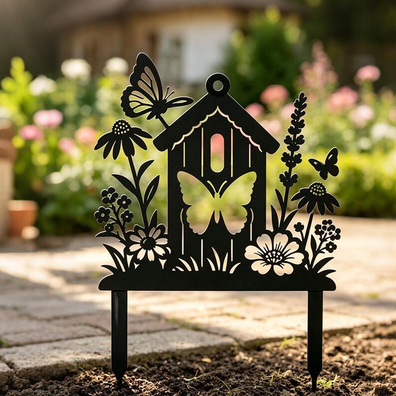 Metall Gartenstecker Vogelhaus mit Schmetterlingen und Wildblumen, Cottage Garden Dekoration, Frühlingsgarten Outdoor Kunst