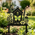 Metall Gartenstecker Vogelhaus mit Schmetterlingen und Wildblumen, Cottage Garden Dekoration, Frühlingsgarten Outdoor Kunst