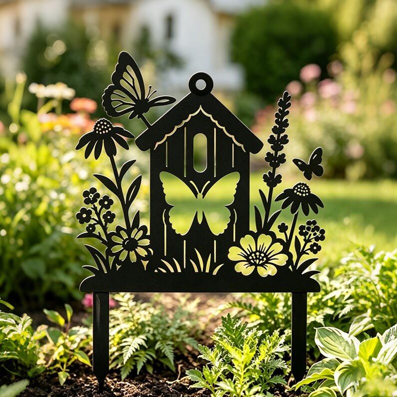 Metall Gartenstecker Vogelhaus mit Schmetterlingen und Wildblumen, Cottage Garden Dekoration, Frühlingsgarten Outdoor Kunst