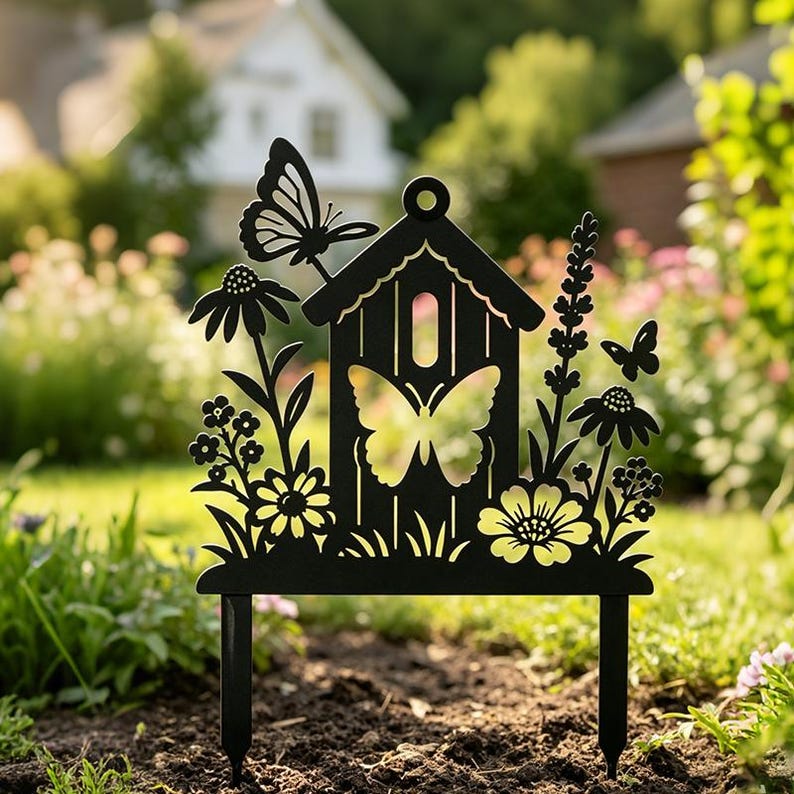 Metall Gartenstecker Vogelhaus mit Schmetterlingen und Wildblumen, Cottage Garden Dekoration, Frühlingsgarten Outdoor Kunst