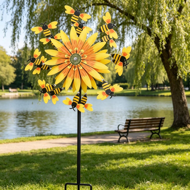 Sunflower Bee Metal Wind Spinner 31 inch Yellow Floral Outdoor Yard Art Garden Decoration